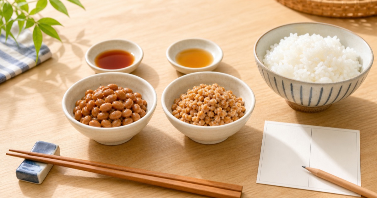 粒納豆とひきわり納豆を別々の器に盛り、二つのたれ皿、ご飯、箸、白紙の比較メモを並べた食卓
